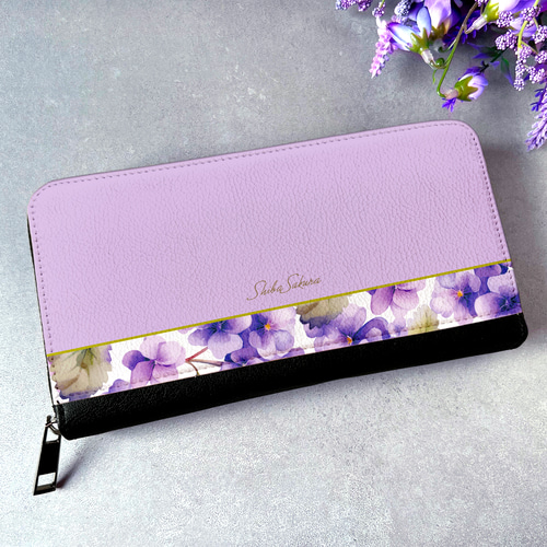 春のスミレの長財布（淡紫） 花 財布 長財布 すみれ 長財布