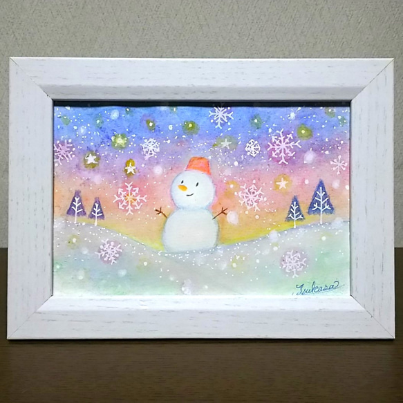 透明水彩画　彩の雪景色と雪だるま　原画 1枚目の画像