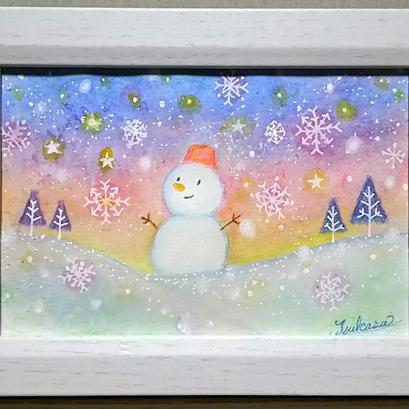 透明水彩画　彩の雪景色と雪だるま　原画 2枚目の画像