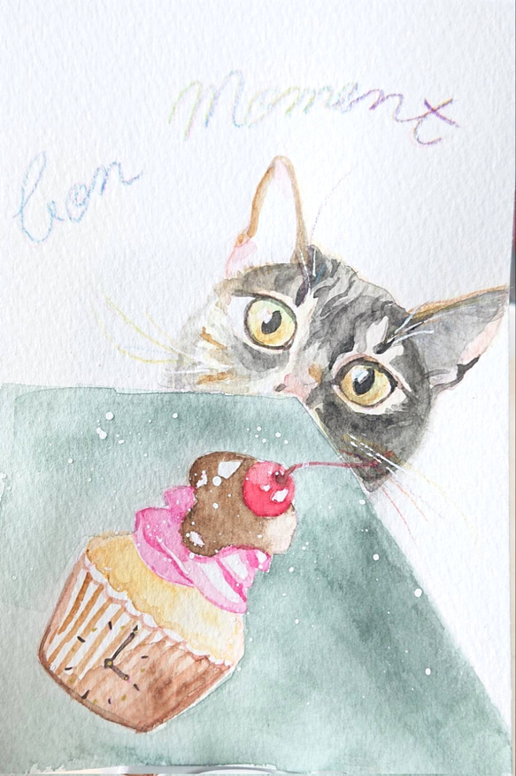 虹色髭とカップケーキ　　猫　原画 2枚目の画像