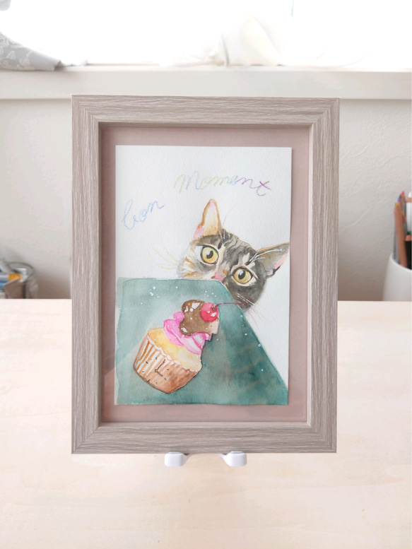 虹色髭とカップケーキ　　猫　原画 1枚目の画像