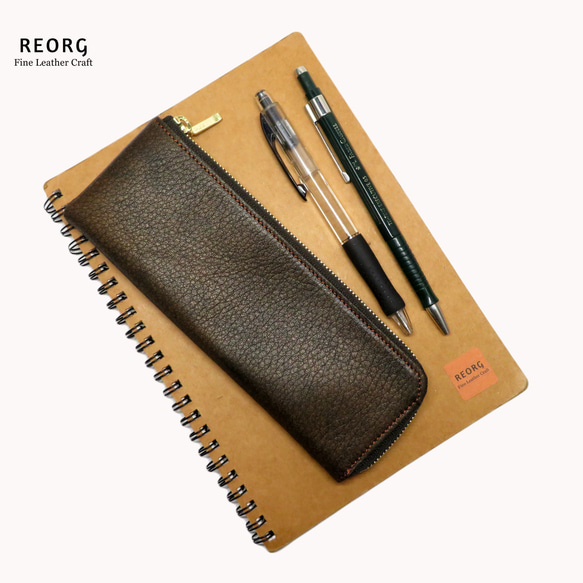本革のL字ファスナーペンケース ペン4〜5本用 アンティークブラウン