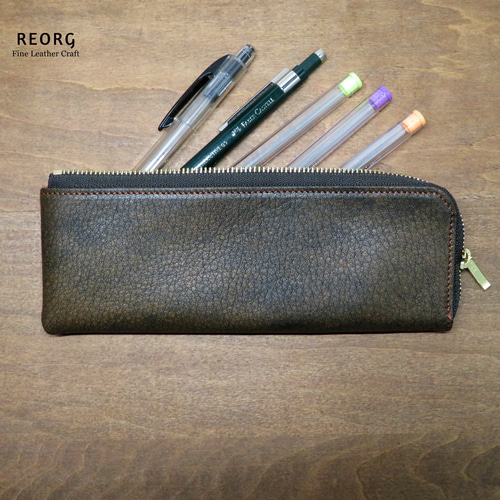 本革のL字ファスナーペンケース ペン4〜5本用 アンティークブラウン