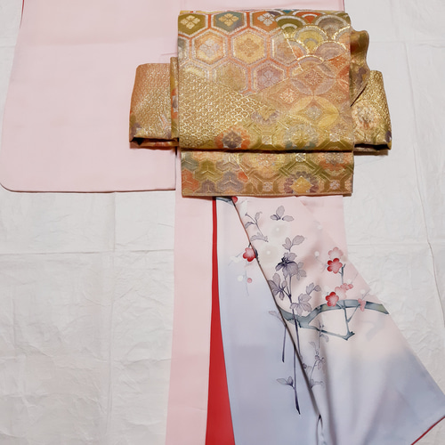 色無地 袋帯 ピンク 正絹 作り帯 ワンタッチ帯 さくら作り帯 付け帯 訪問着