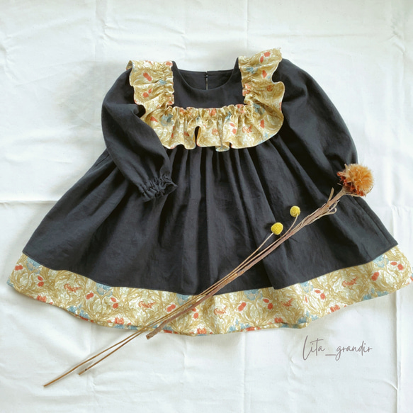 handmadeウィリアムモリス七分袖ワンピース（アイリス）free handmade