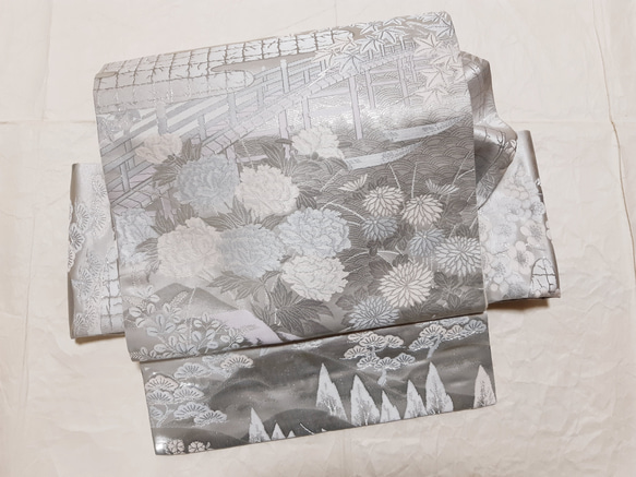 ワンタッチ帯　くらわん帯　正絹袋帯リメイク　プラチナ箔京名所文様　作り帯　 1枚目の画像