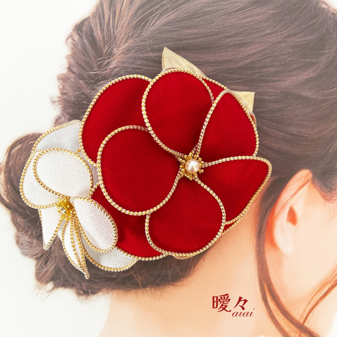 【Tsubaki】和装髪飾り　成人式　卒業式　結婚式　振袖　袴　打掛け　着物　赤　白　ゴールド