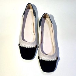 雙色仿珍珠芭蕾舞鞋（淺米色 x 黑色） 易壓扁  1 公分鞋跟 第2張的照片