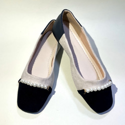 雙色仿珍珠芭蕾舞鞋（淺米色 x 黑色） 易壓扁  1 公分鞋跟 第1張的照片