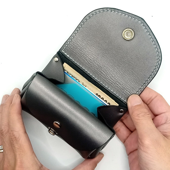 本革レザーミニウォレットメタリックシルバー牛革コンパクトミニ財布ハンドメイドレザークラフト 8枚目の画像