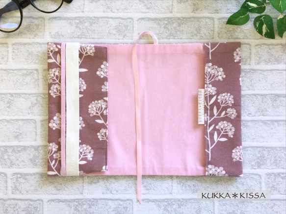 【S】文庫、A6、文庫トールブックカバー　くすみカラーの草花柄（ピンク/綿コーデュロイ） 4枚目の画像