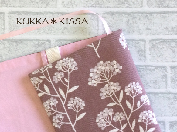 【S】文庫、A6、文庫トールブックカバー　くすみカラーの草花柄（ピンク/綿コーデュロイ） 3枚目の画像