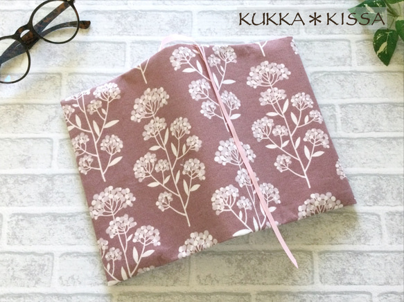 【S】文庫、A6、文庫トールブックカバー　くすみカラーの草花柄（ピンク/綿コーデュロイ） 2枚目の画像