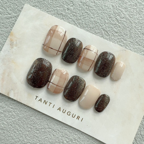 チェック ベリーショートネイルチップ 短め 短い 小さい爪用 茶色