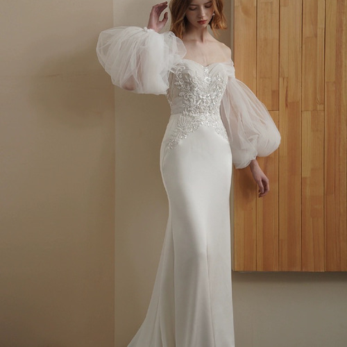 2WAY マーメイド パフスリーブ 前撮り ウェデイングドレス（WD242046  