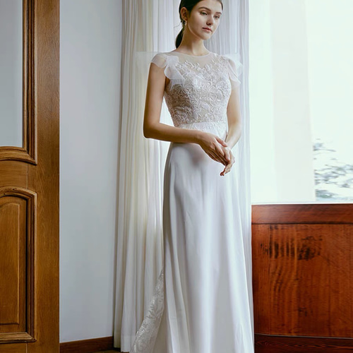 バックV フレア袖 ソフトマーメイド ウエディングドレス 前撮り