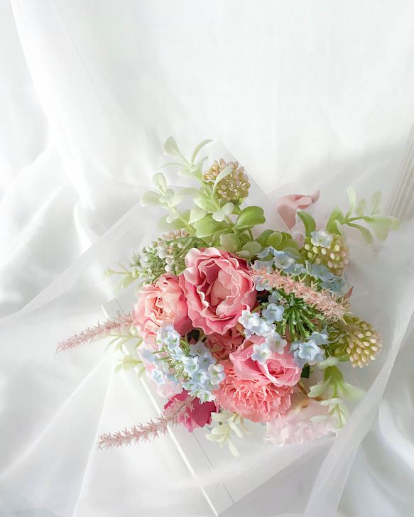 【母の日早割♪】★ラッピング込★ピンクのインテリアブーケ　アーティフィシャルフラワー　造花　造花ブーケ　花束　プレゼント 8枚目の画像