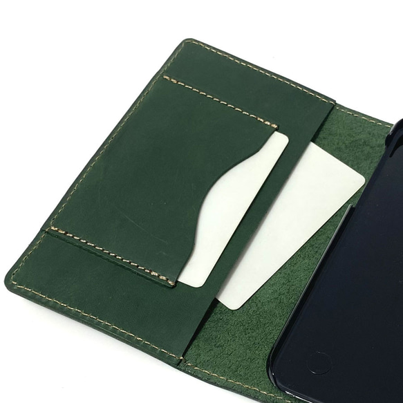 送料無料 手帳型 スマホケース iPhone 11 用 スマホショルダー ハードカバー 革 グリーン 5枚目の画像