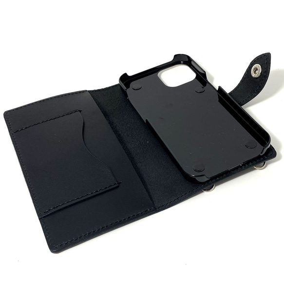 送料無料 手帳型 スマホケース iPhone 11pro 用 スマホショルダー ハードカバー 革 ブラック 4枚目の画像
