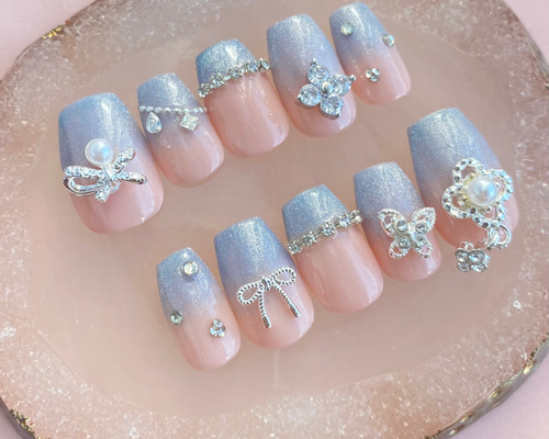 ネイルチップ‪‪❤︎‬ブルー 水色フラッシュマグ量産型韓国ワンホンさくらんぼ ネイルチップ‪‪❤︎‬ブルー 水色フラッシュマグ量産型韓国‬