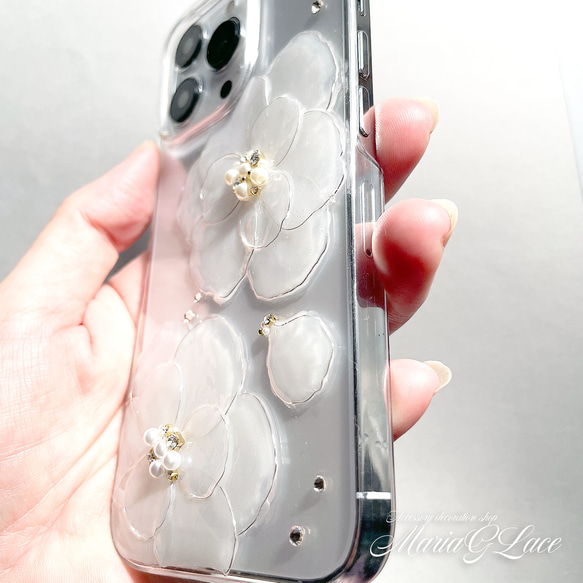 iPhone15pro iPhone14pro 雙白色山茶花智慧型手機保護殼透明保護殼花相容於所有型號 第11張的照片