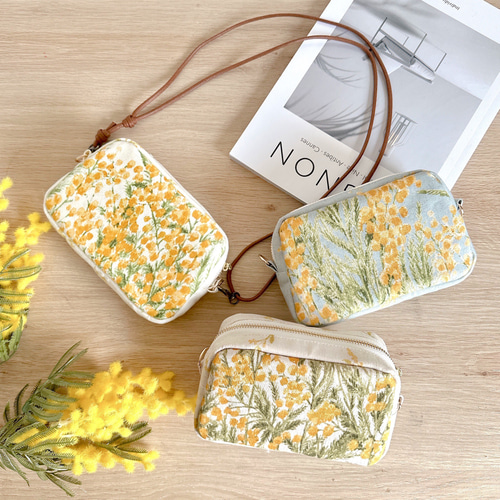 ミモザ柄コットンリネンのミニバッグポーチ【選べる3カラー