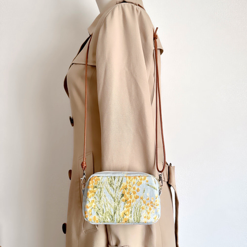 ミモザ柄コットンリネンのミニバッグポーチ【選べる3カラー