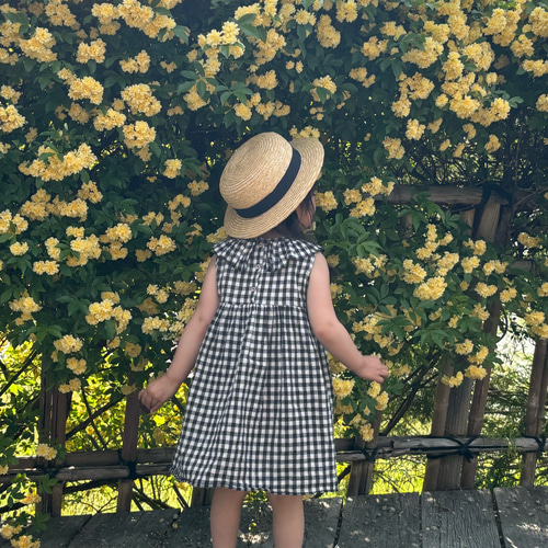 綿麻ウェザー生地ギンガムチェック柄ノースリーブワンピース キッズ服