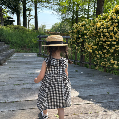 綿麻ウェザー生地ギンガムチェック柄ノースリーブワンピース キッズ服