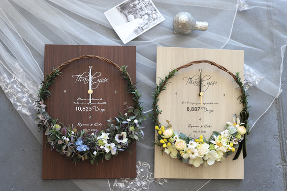 特典付き！結婚式のご両親贈呈品やお祝いに♪　木製パネルのフラワーリース花時計 6枚目の画像