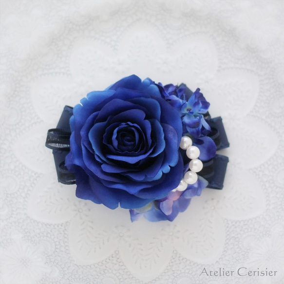 ローズ コサージュ ブルー パール付き 2WAY ダブルピン #87【卒業式 入学式 セレモニー】 2枚目の画像