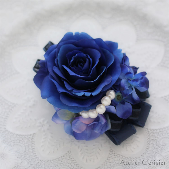 ローズ コサージュ ブルー パール付き 2WAY ダブルピン #87【卒業式 入学式 セレモニー】 3枚目の画像