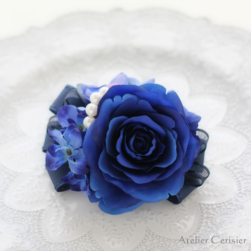 ローズ コサージュ ブルー パール付き 2WAY ダブルピン #87【卒業式  