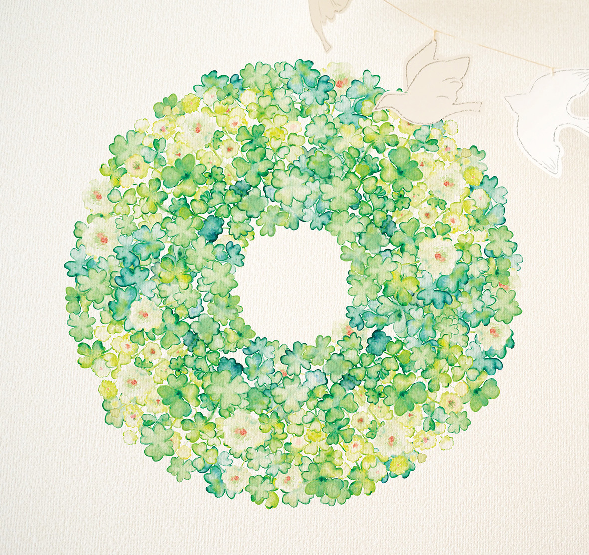 ♡四つ葉のクローバーいっぱいのリース♡リス＆うさぎ シーグラスアート シーグラスアート 小鳥 四葉のクローバー インテリア雑貨 北欧