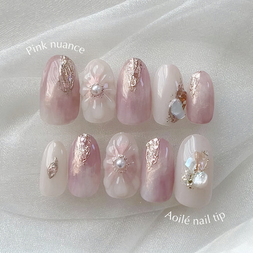 ネイルチップ ピンク 花 フラワー 押し花 オーダーネイル 韓国 可愛い 大人 再販】淡いピンクフラワー♡ 大人 ブライダル 成人式 卒業式
