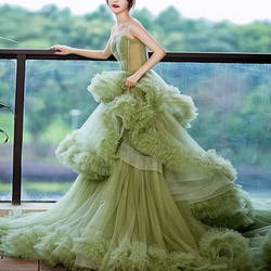 ウエディングドレス カラードレス ロングドレス パーティードレス グリーン　チュールドレス（WD242053） 1枚目の画像
