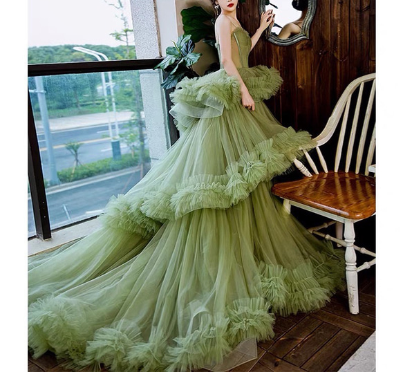 ウエディングドレス カラードレス ロングドレス パーティードレス グリーン　チュールドレス（WD242053） 2枚目の画像