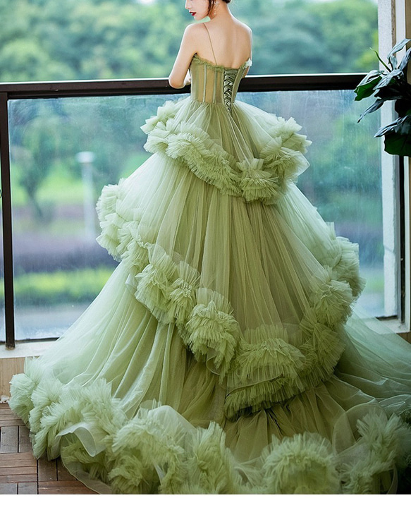 ウエディングドレス カラードレス ロングドレス パーティードレス グリーン　チュールドレス（WD242053） 3枚目の画像