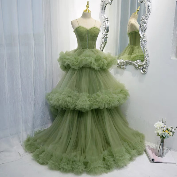 ウエディングドレス カラードレス ロングドレス パーティードレス グリーン　チュールドレス（WD242053） 7枚目の画像