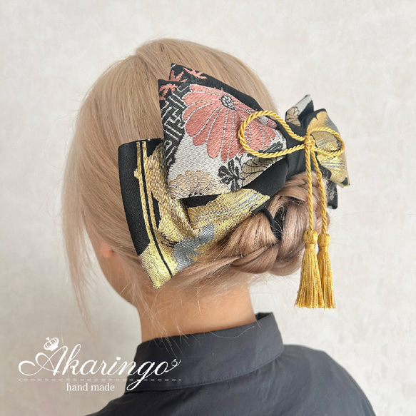 アンティーク名古屋帯 リメイク 和装用髪飾り リボンコーム 黒 ヘアアクセサリー 着物 成人式 卒業式 2枚目の画像