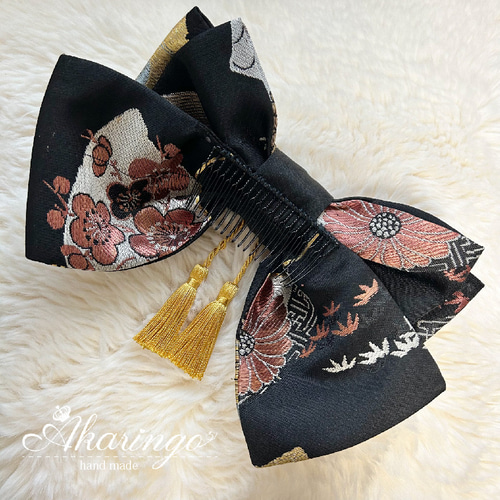 アンティーク名古屋帯 リメイク 和装用髪飾り リボンコーム 黒 ヘア