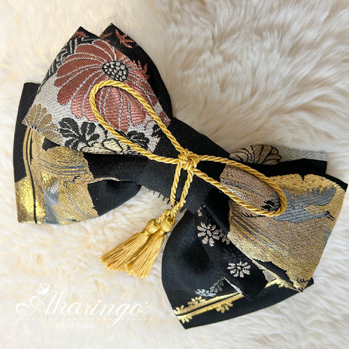 アンティーク名古屋帯 リメイク 和装用髪飾り リボンコーム 黒 ヘア