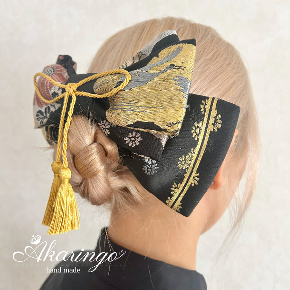 アンティーク名古屋帯 リメイク 和装用髪飾り リボンコーム 黒 ヘアアクセサリー 着物 成人式 卒業式 3枚目の画像