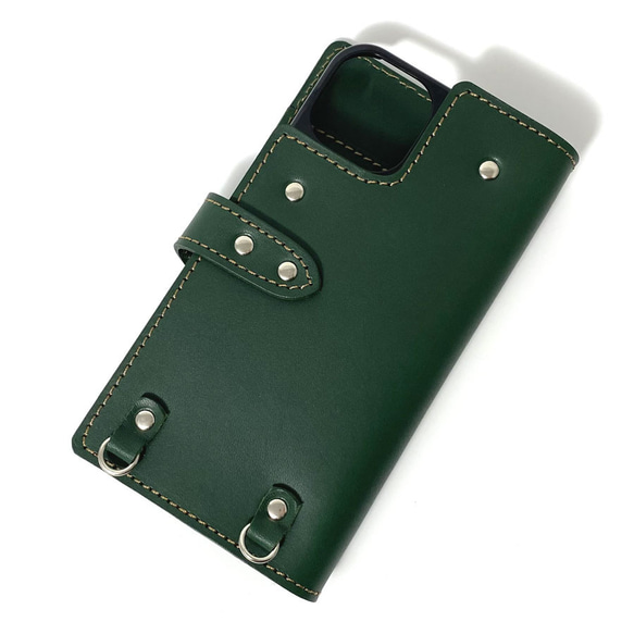 送料無料 手帳型 スマホケース iPhone 12 pro 用 スマホショルダー ハードカバー 革 グリーン 3枚目の画像