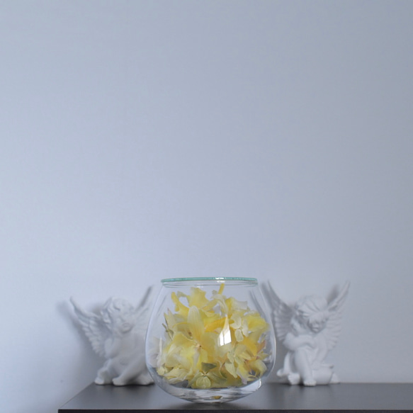 Lemio-レミオ- 蘭と紫陽花の小さな金のドライフラワー　ガラスドーム 【一点モノ】 8枚目の画像