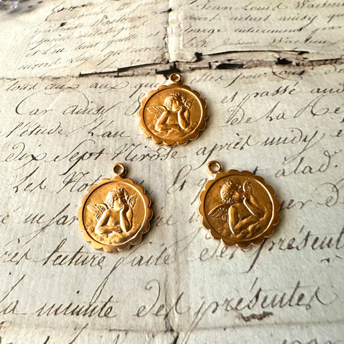 1個 18.5×15.5mm ドイツ ヴィンテージチャーム 真鍮製 リバーシブル