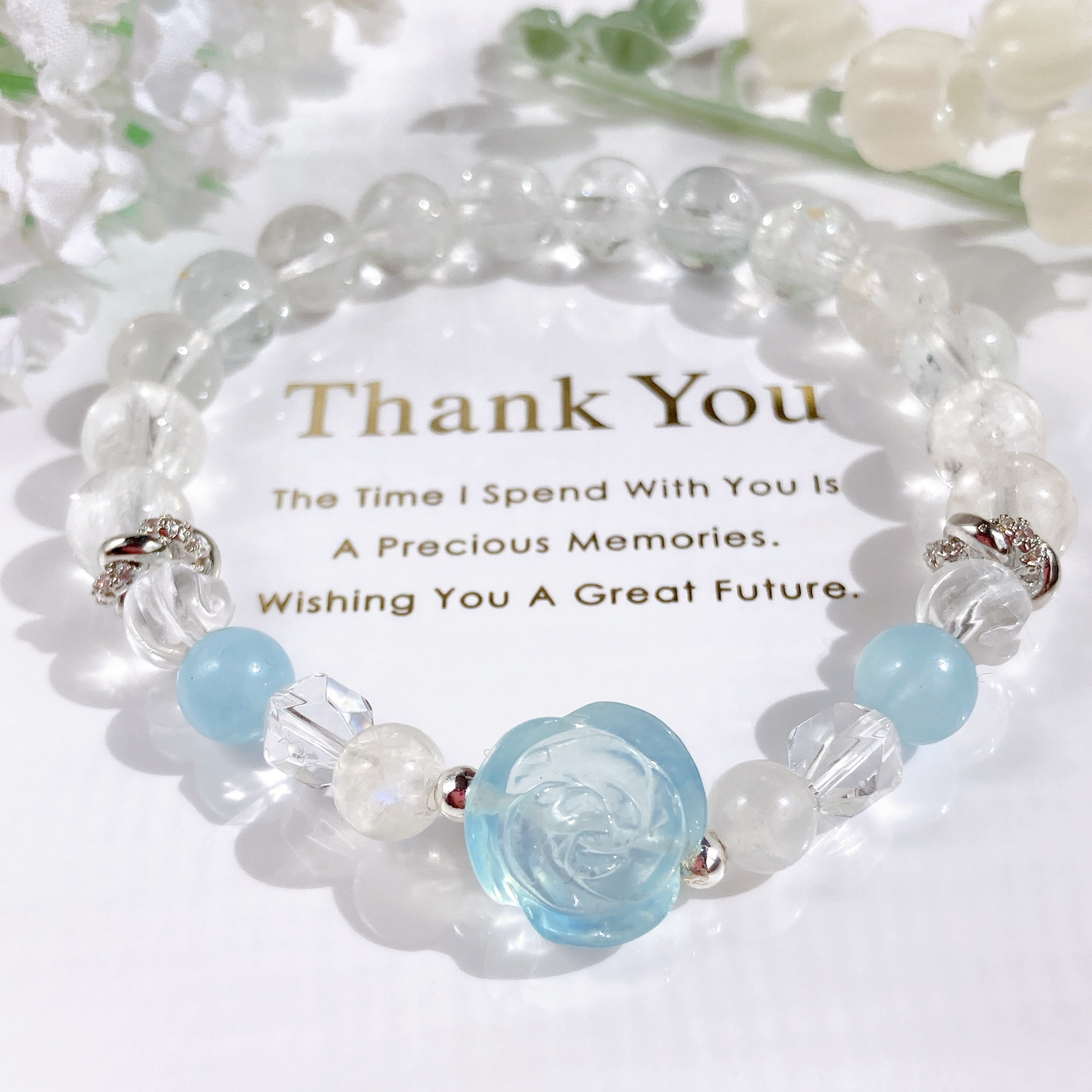 超希少˚✧₊⁎虹入り非加熱アイリスナチュラルトパーズアクアマリン薔薇天然石ブレスレット