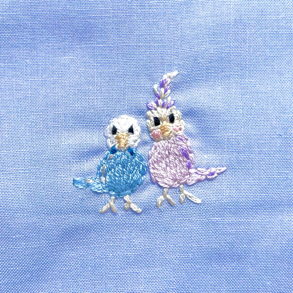 インコ刺繍お弁当袋 全4柄色(水色•紫•ベージュ•ピンク)揃いのランチョンマットあり　巾着　巾着袋【名入れ刺繍可能作品】 8枚目の画像