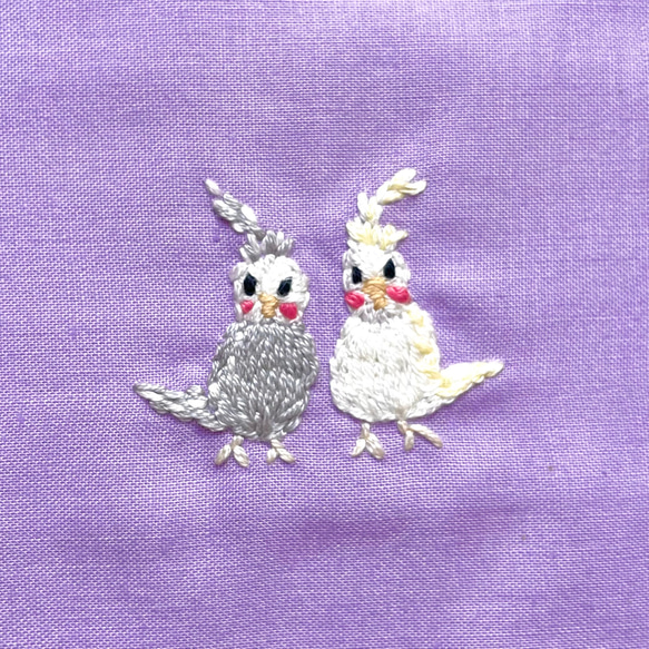 インコ刺繍お弁当袋 全4柄色(水色•紫•ベージュ•ピンク)揃いのランチョンマットあり　巾着　巾着袋【名入れ刺繍可能作品】 9枚目の画像