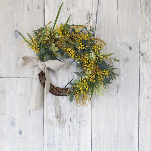 受注制作ミモザとユーカリのナチュラルリースLL